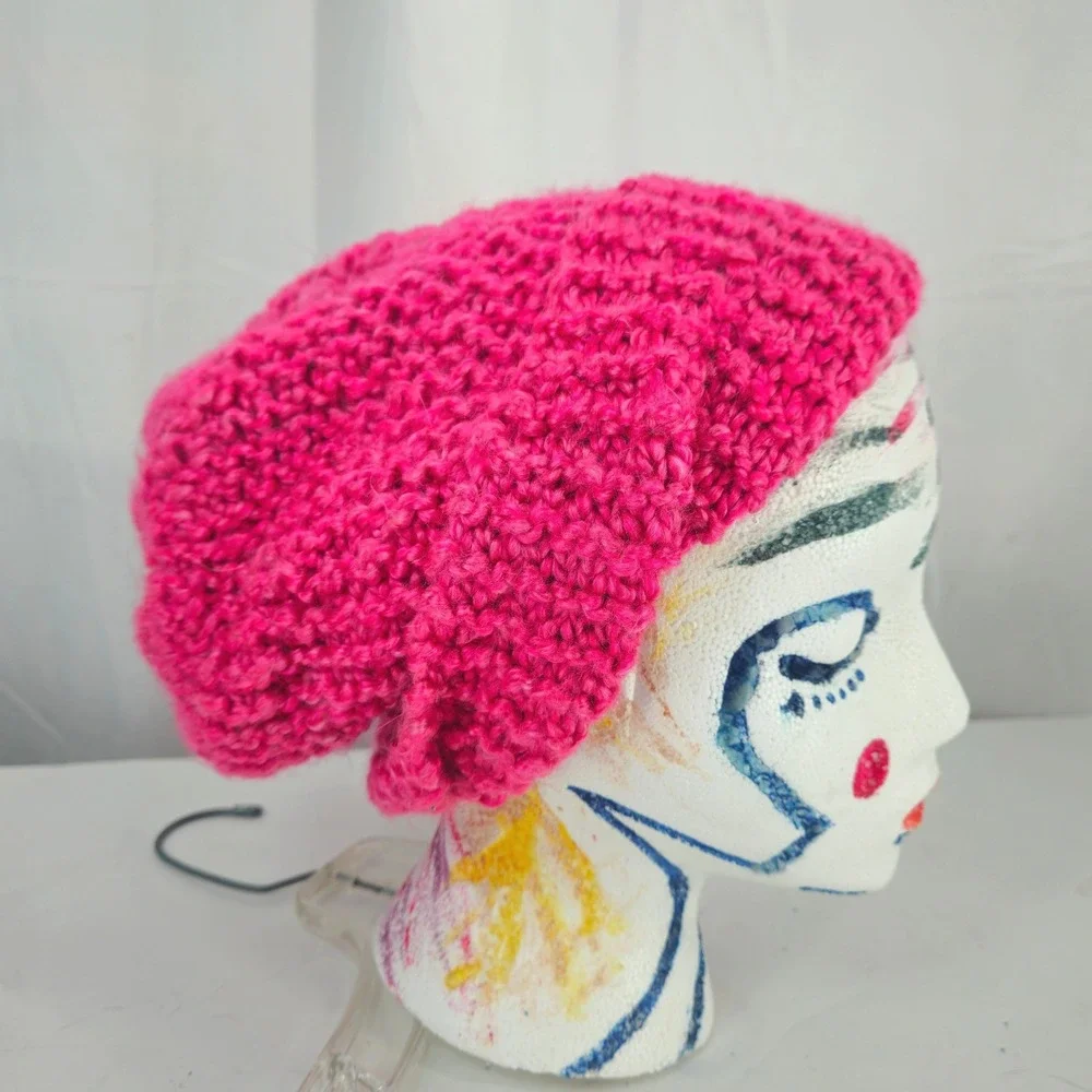 Handmade Soft Chunky Knit Slouchy Beanie Hat Bright Pink Unisex Crochet